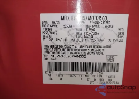 2006 Ford Ranger Fx4 Level Ii/Fx4 Off-Road/Sport/Xlt из США, поврежденный, VIN 1FTZR45E96PA04332